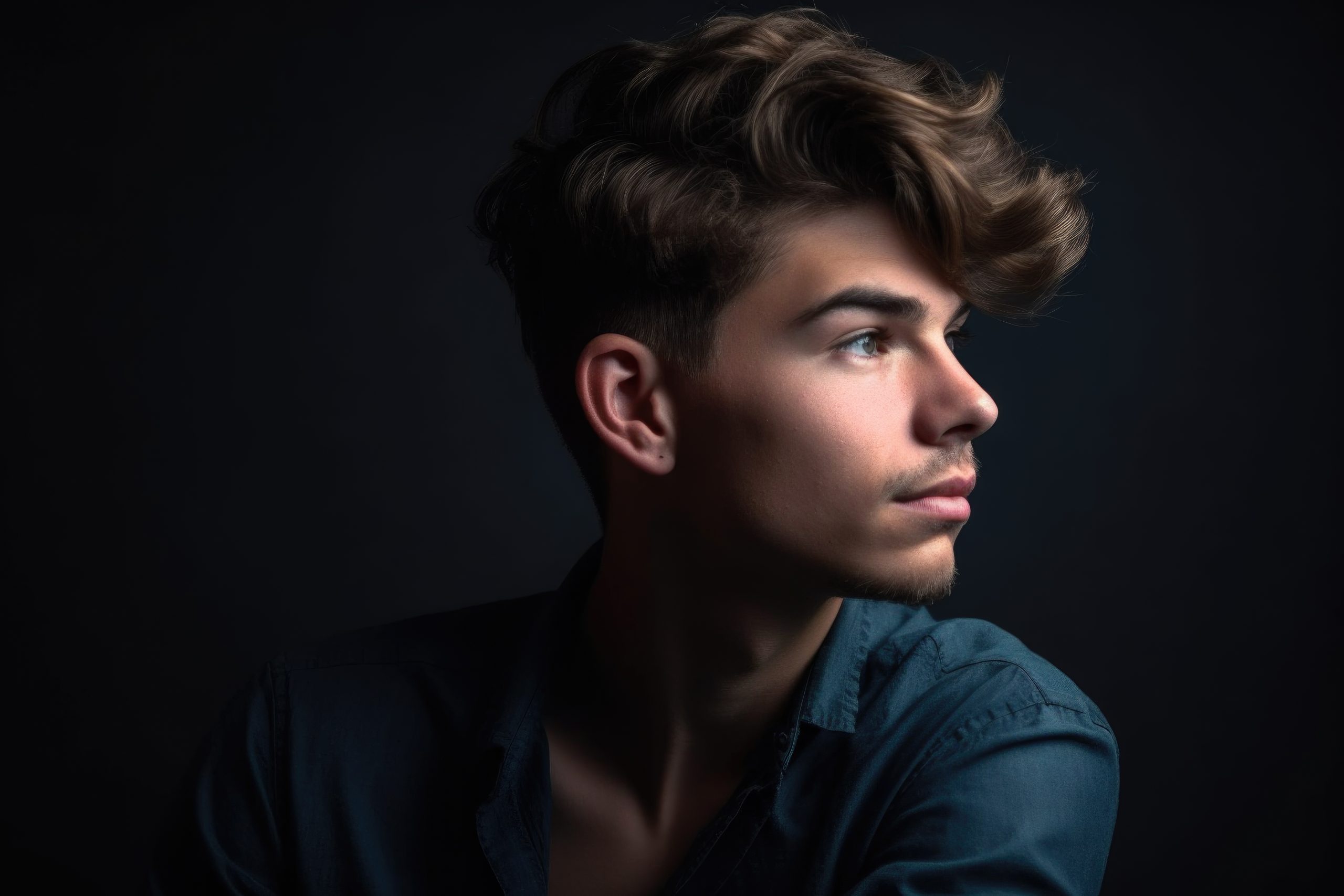 studio portrait of a handsome young man looking away