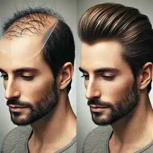 DALL·E 2024-09-30 12.50.13 – A man with a natural-looking hair prosthesis attached seamlessly to his scalp. The hair should appear thick, healthy, and realistic, blending perfectl